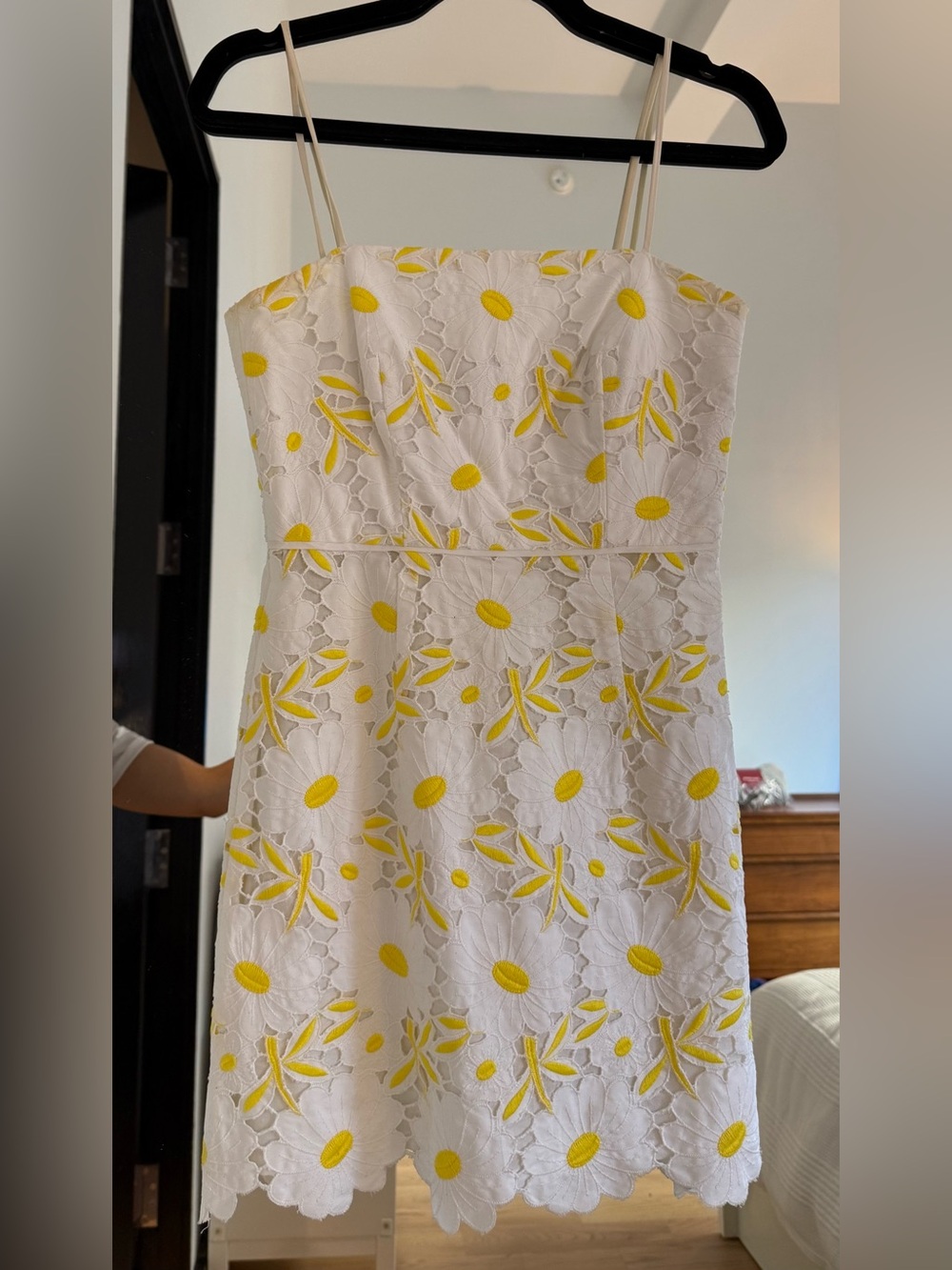 Milly White Mini Dress with Yellow Daisy Appliqué
